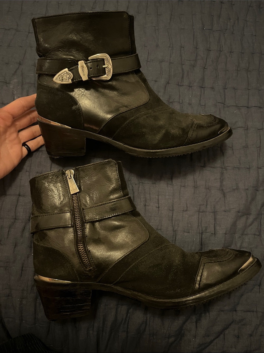 Pinko Black Leather & Suede Ankle Boots with Buckle